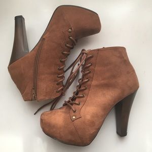 Suede caramel brown lace-up platform heeled boots